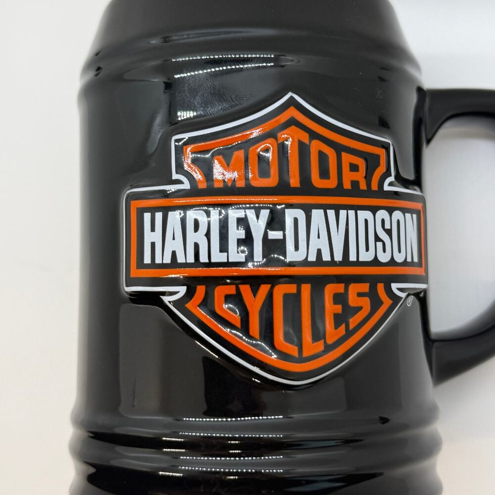 Harley-Davidson 2004 Black Ceramic Tankard Mug Raised Orange Bar Shield Logo